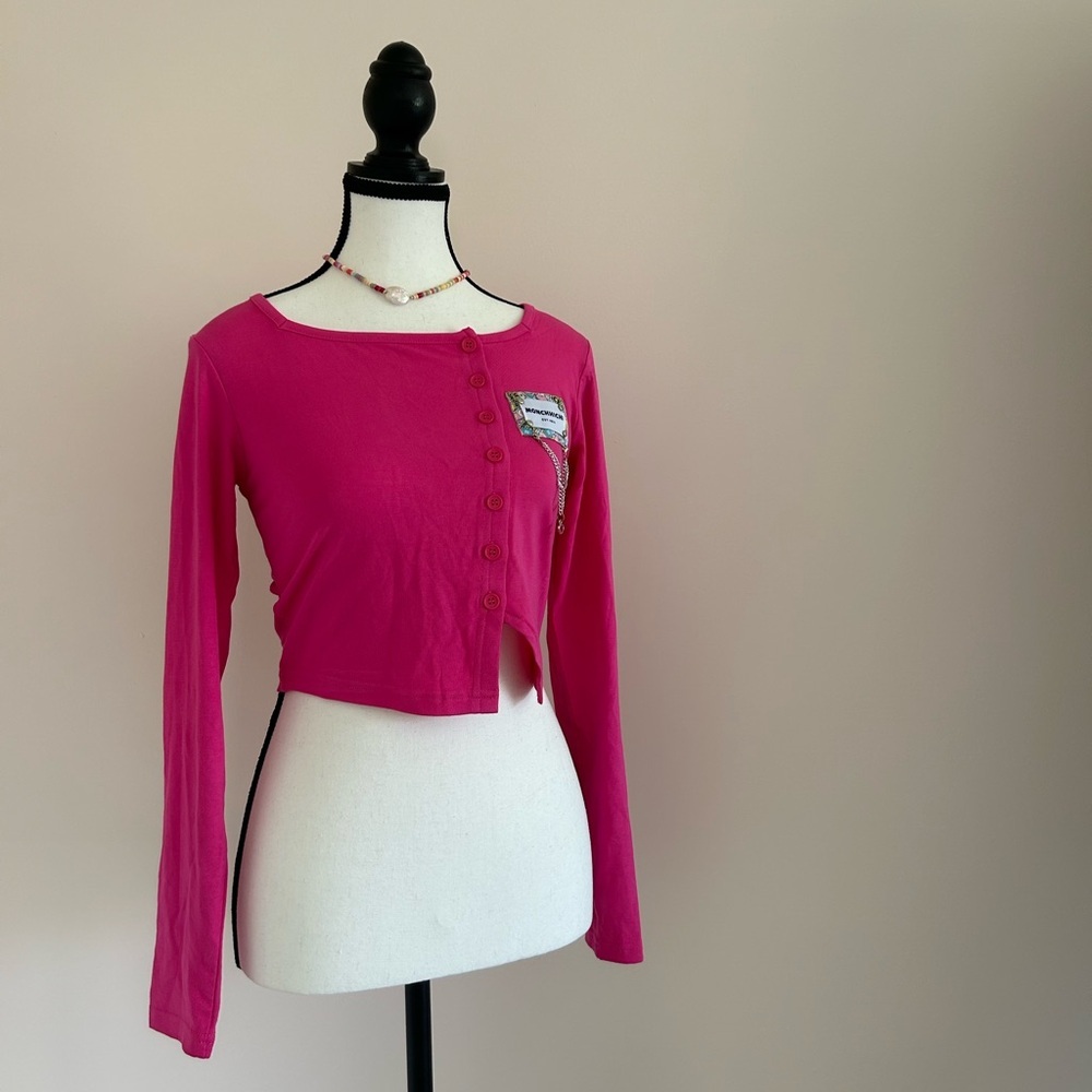 Monchhichi Hot Pink Button-Up Crop Top - Trendy Long Sleeve Tee
